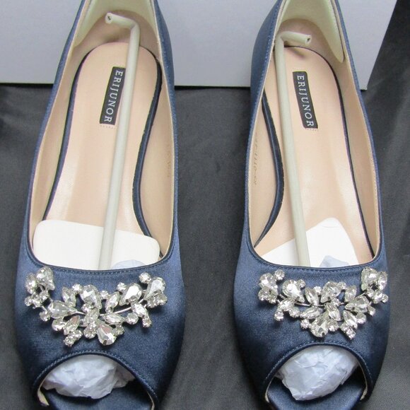 Erijunor Peep Toe Heels Size 10.5 Navy Satin Rhinestone Wedding Evening - Picture 1 of 5